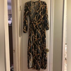 Elegant Long Sleeve Black and Gold Maxi Wrap Dress